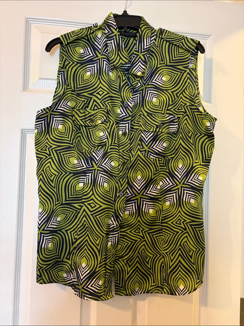 New York & Company Lime Green and Black Geometric Sleeveless Button-Down Top